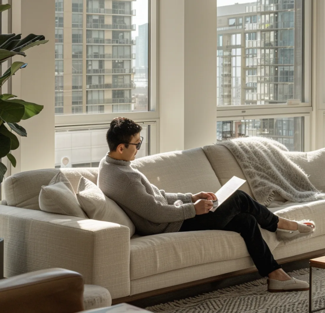 Homeowner relaxing in the evening while the AI chatbot answers inquiries