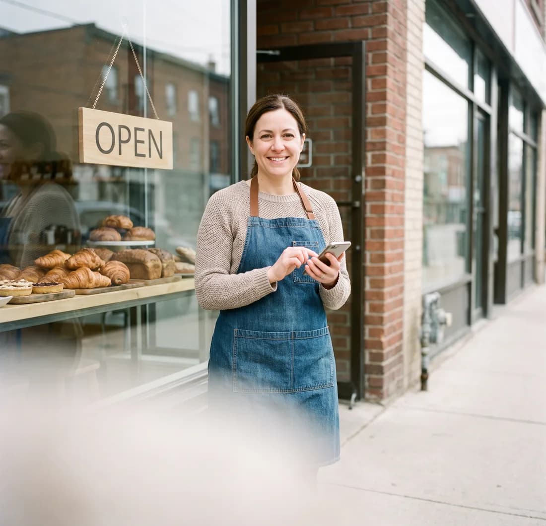 Bakery owner at her storefront approving drafted review replies from her phone