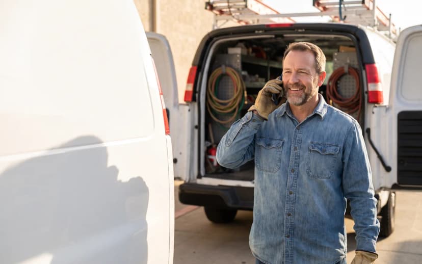 Business owner answering a tracked phone call from his ad campaign beside his work van