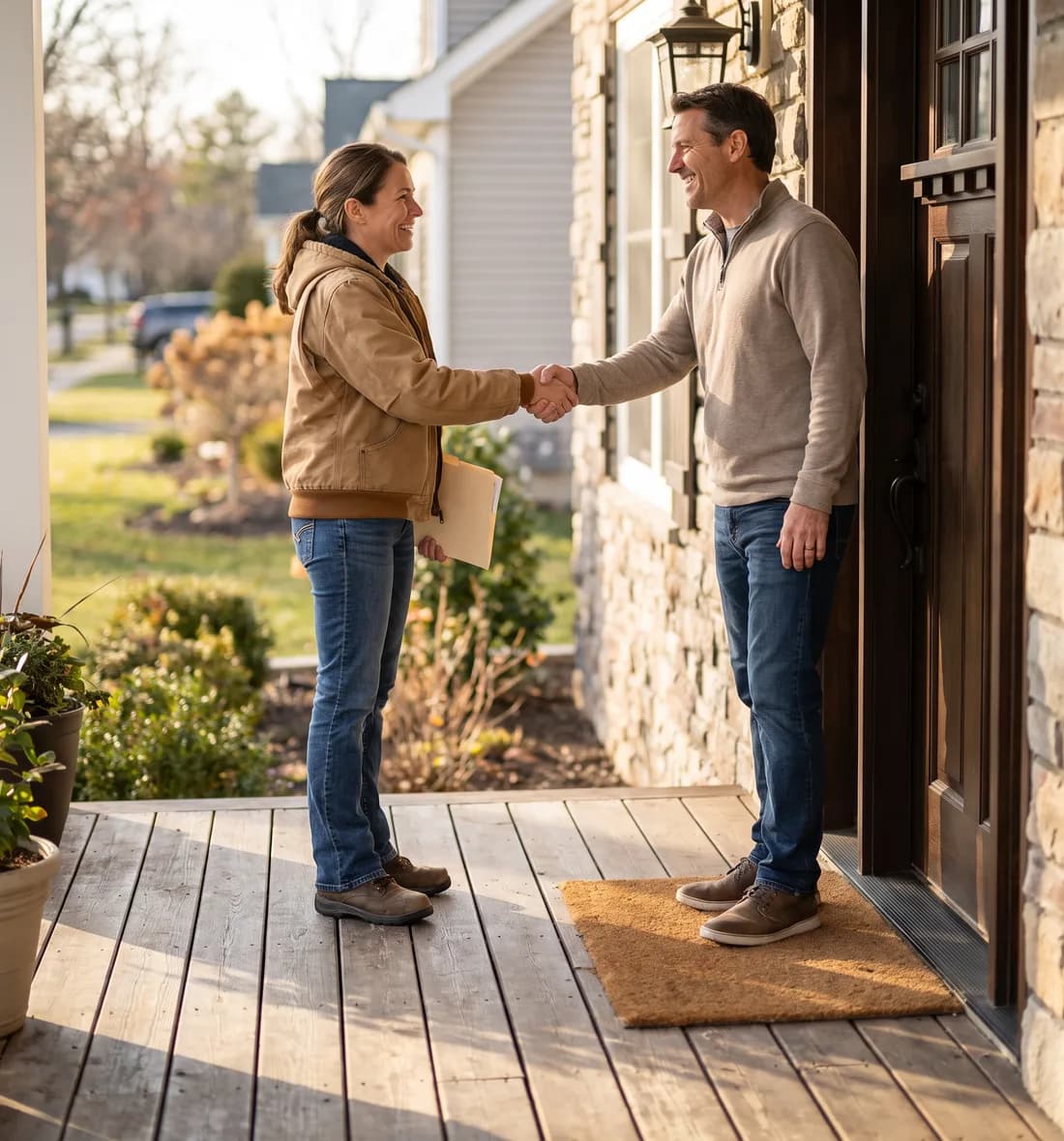 Contractor closing a deal with a homeowner — the end of a Cloud3 lead generation funnel