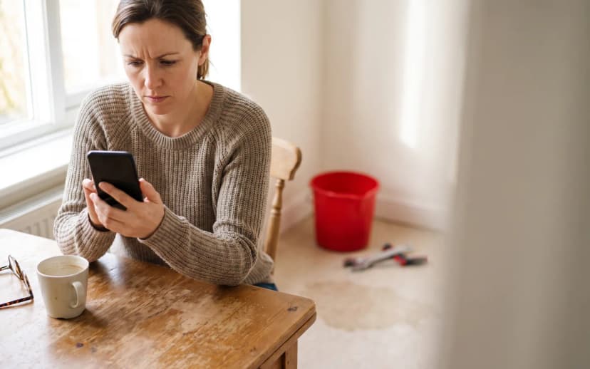 Homeowner with a plumbing leak searching for an emergency plumber on her phone