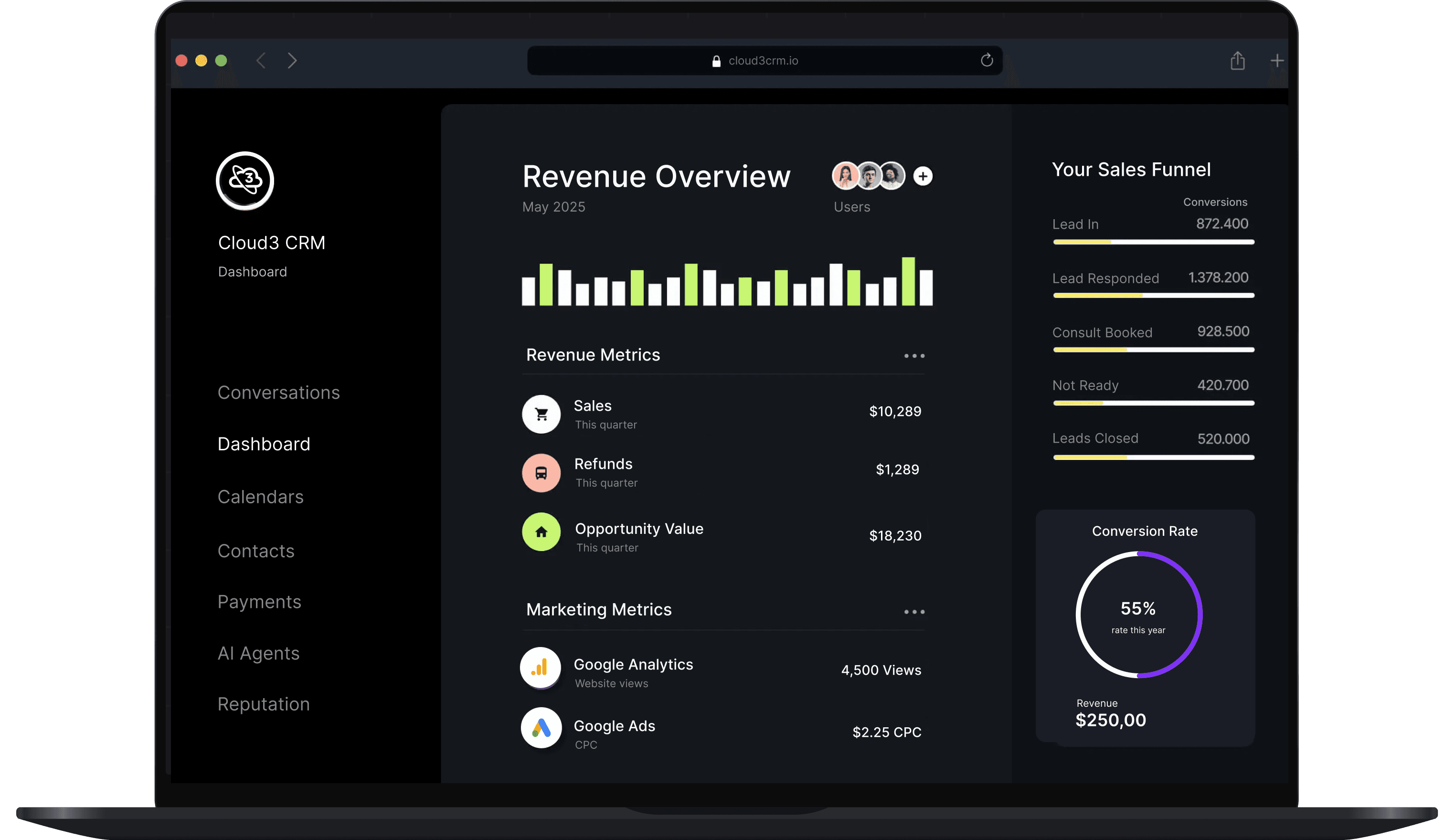Cloud3 CRM solutions dashboard interface