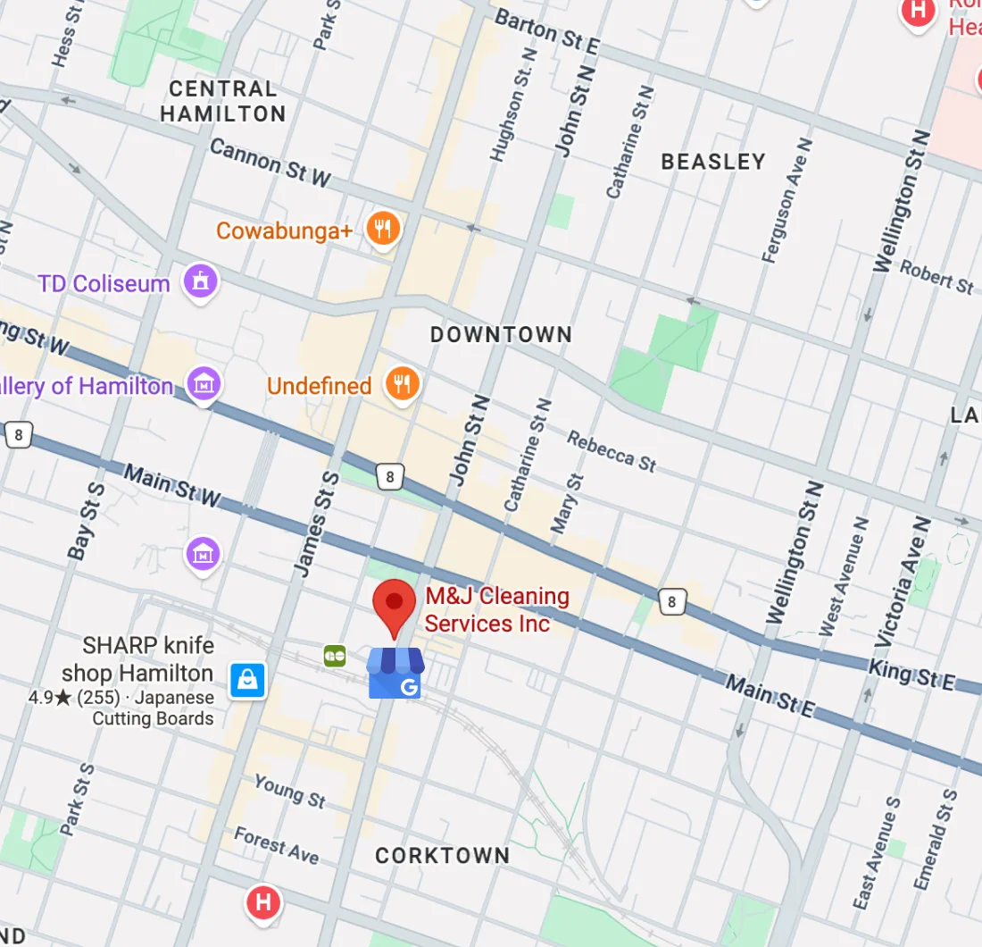 Google Maps view of M&J Cleaning Services in Hamilton with five star reviews across the area