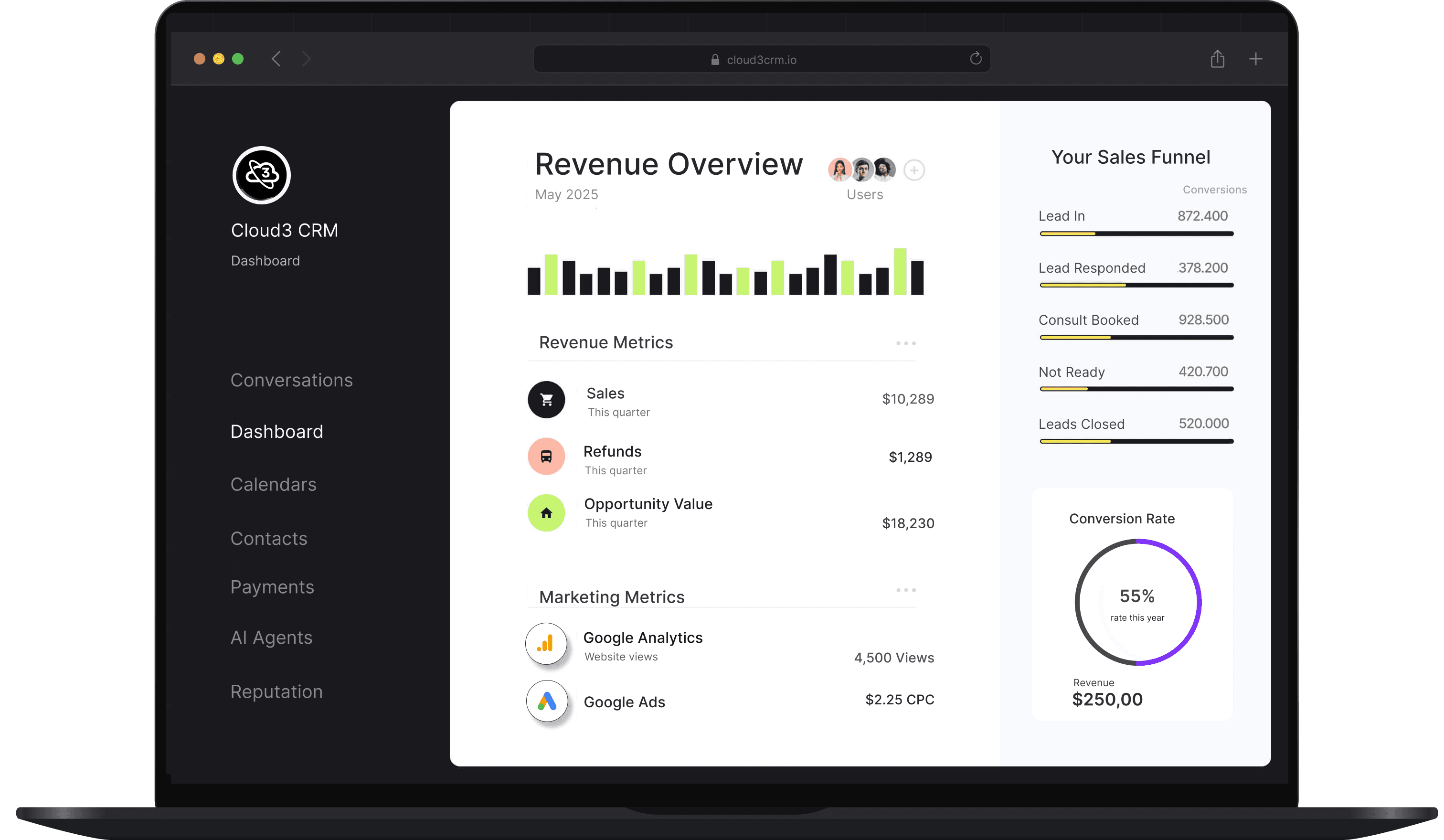 Cloud3 CRM solutions dashboard interface