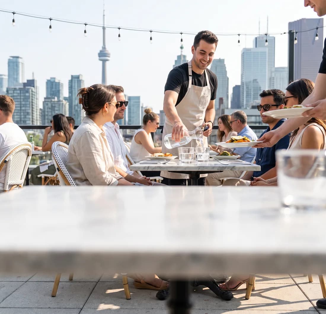 Server pouring water on a Toronto restaurant patio while the Google profile is monitored live