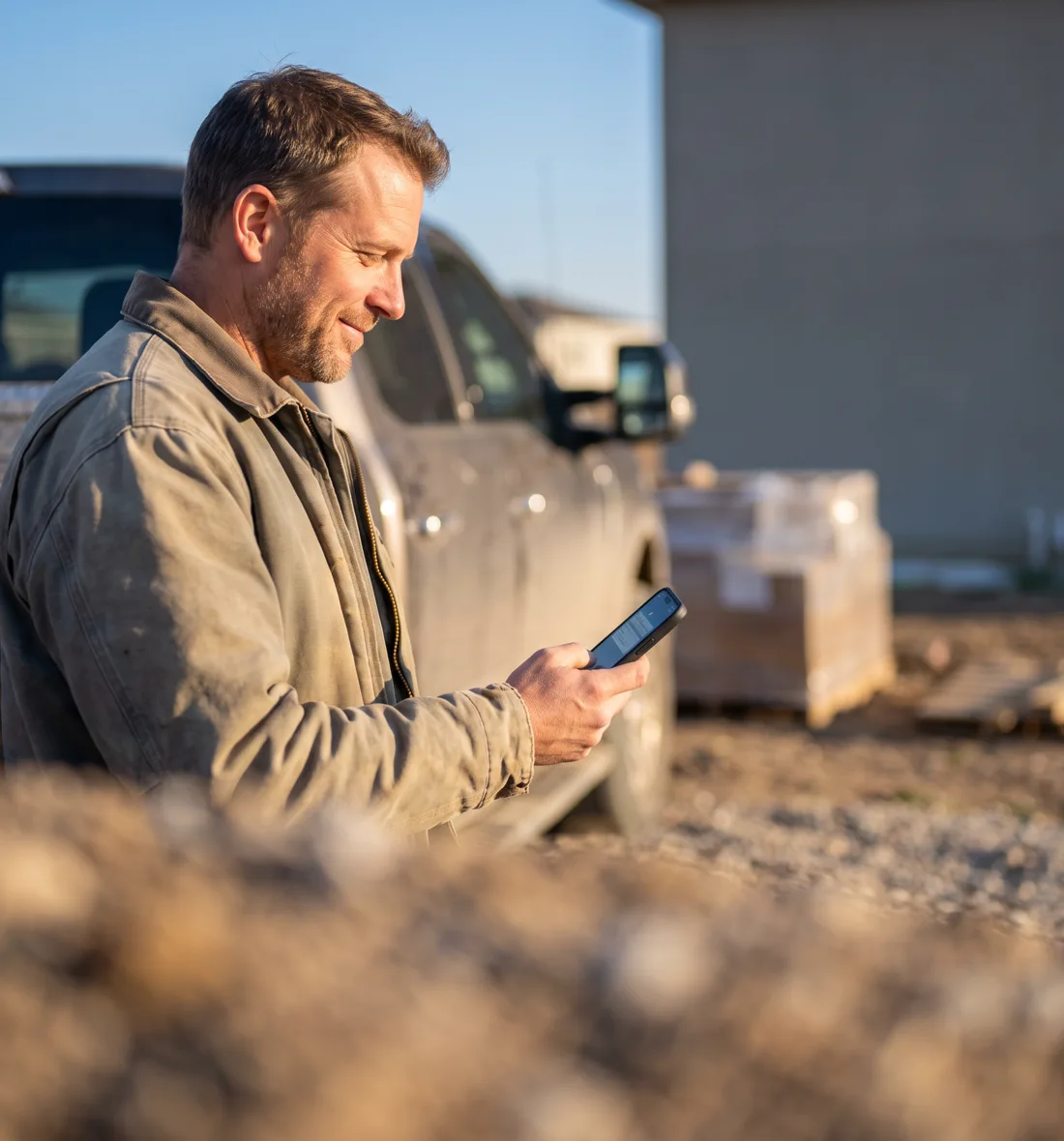 Contractor at a job site handling every lead channel from one phone