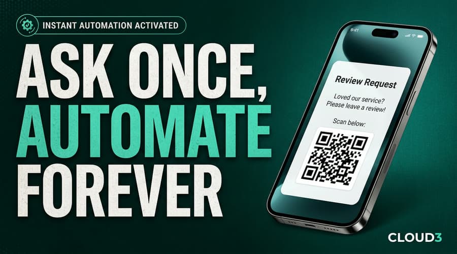 Phone screen showing an automated text message with a Google review request link and a QR code