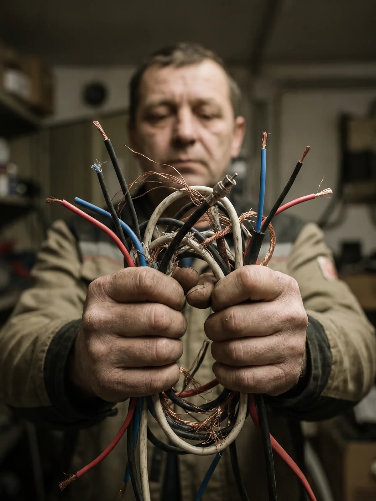Worn hands holding a tangle of cut wires in a utility room.