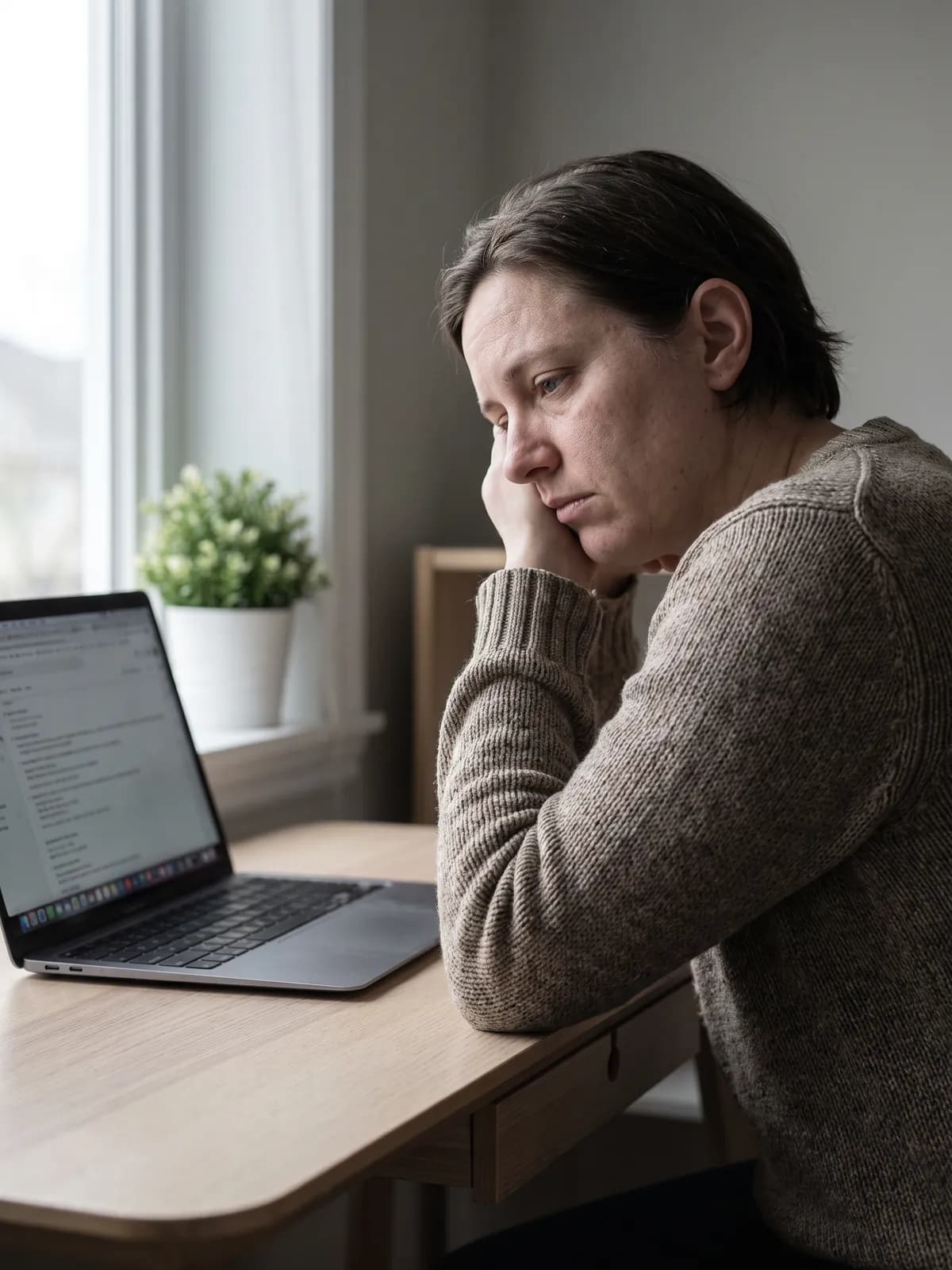 A property manager at a desk, overlooked and discouraged while searching online.