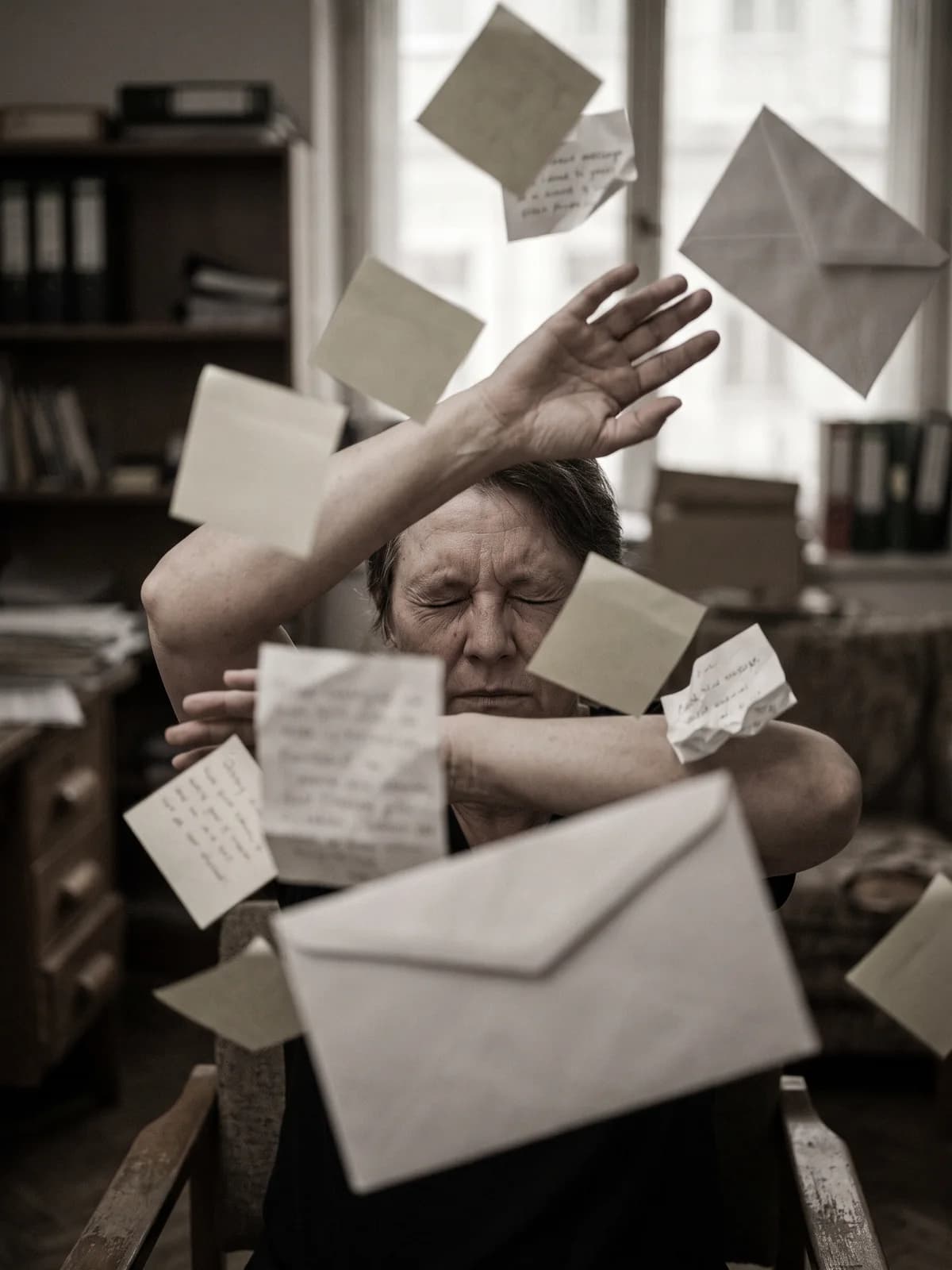 A storm of paper messages and notes — mostly noise.